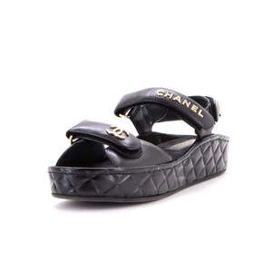 Chanel Women's Logo Velcro Strap Wedge Sandals Quilted Leather